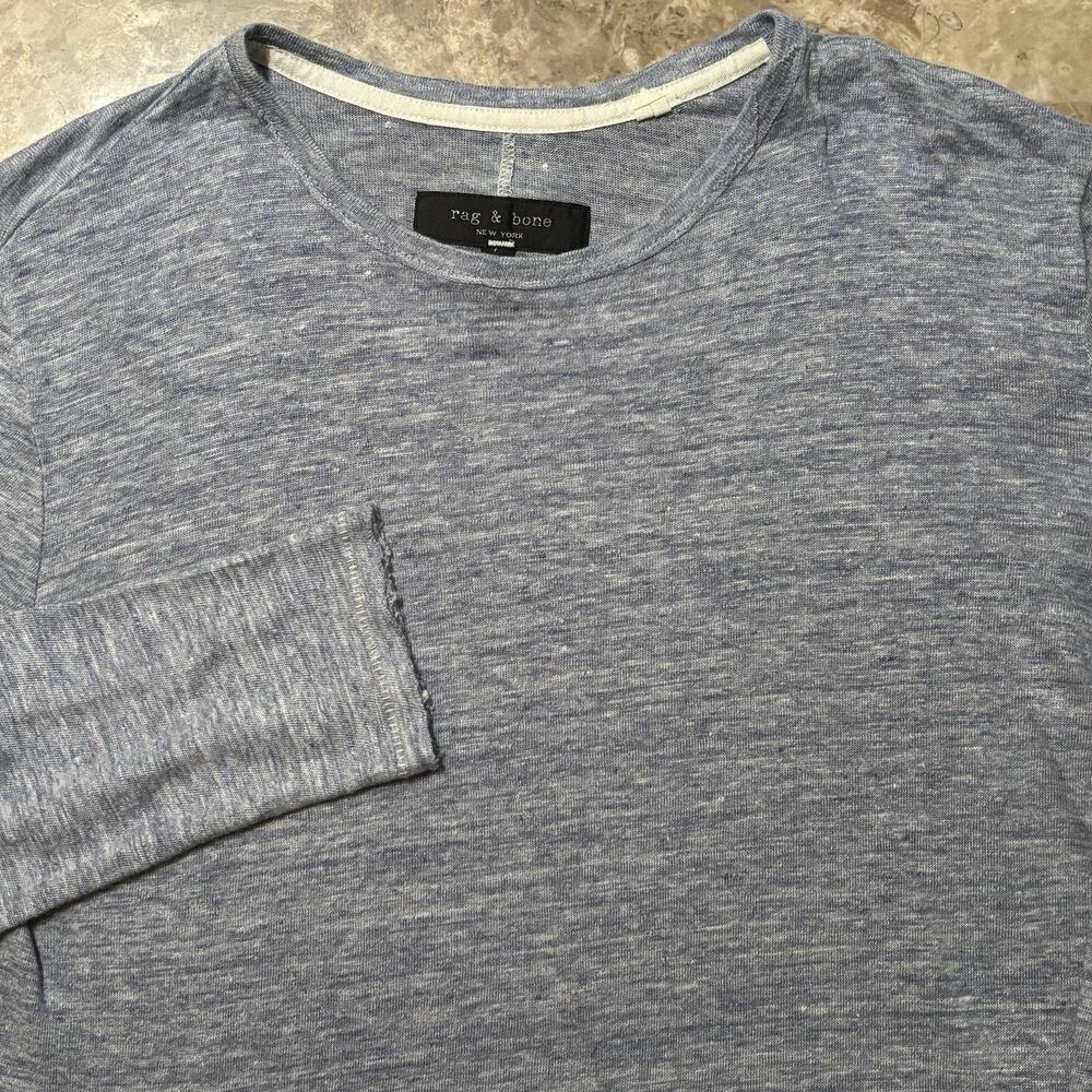 Rag And Bone Shirt Mens Small Blue 100% Linen Long Sleeve Crew Raw Hem Beach